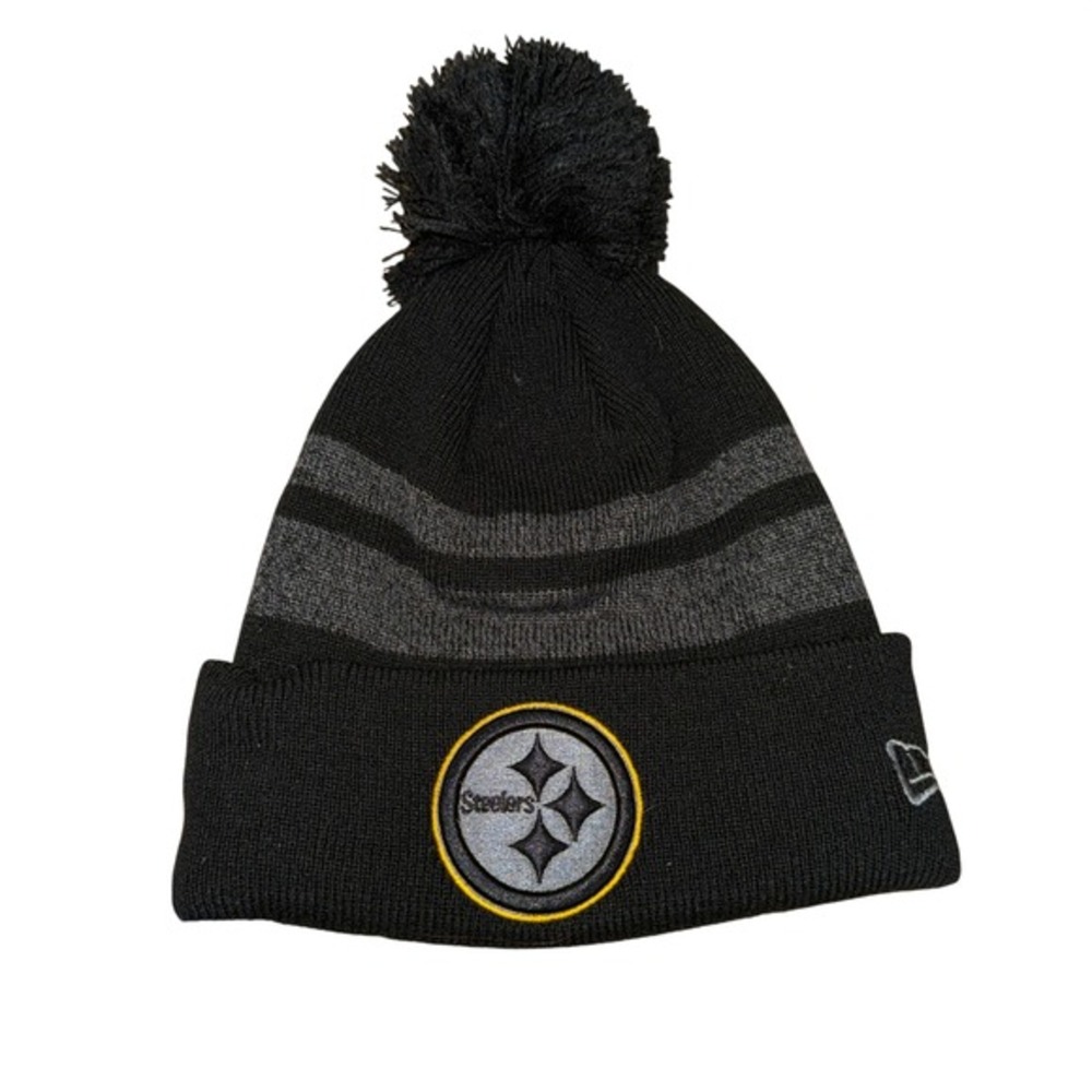 New Era Pittsburgh Steelers Beanie Mens OSFM Pre-Owned Knit Hat Black Pom Cuffed